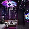 Modern KTV Room With Neon Lights Starry Ceiling Sofa TV Screen And Spacesuit Figure