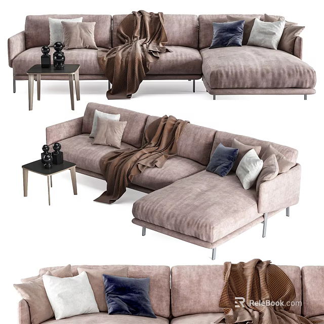Beige Sectional Sofa With Decorative Pillows Throw Blanket And Side Table 3d model