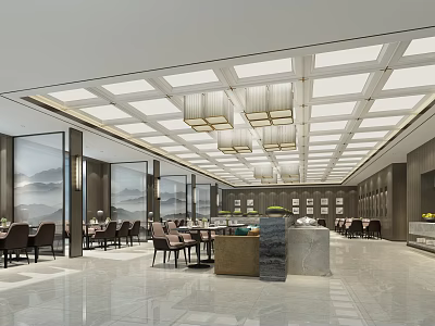 Modern Elegant Open Restaurant Interior With Chandeliers Landscape Paintings And Marble Dining Tables 3d model