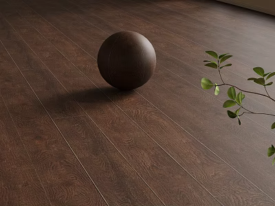 Dark Brown Wooden Floor With Round Decorative Ball And Green Leaf Branch 3d model