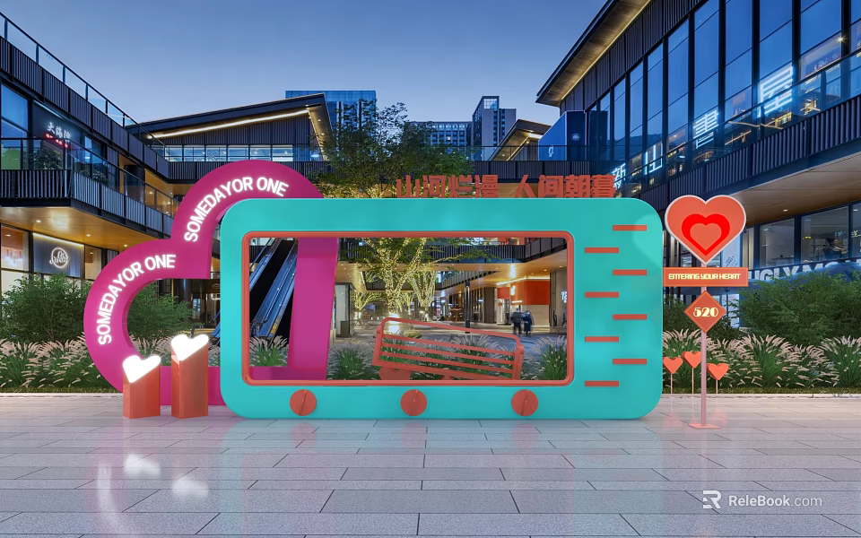 Modern Outdoor Installation With Pink Arch Blue Frame And Heart Decorations 3d model 