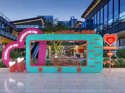 Modern Outdoor Installation With Pink Arch Blue Frame And Heart Decorations 3d model