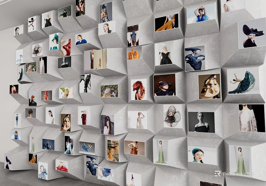 Creative 3D Cube Wall Design With Diverse Photos For Art Exhibition 3d model 