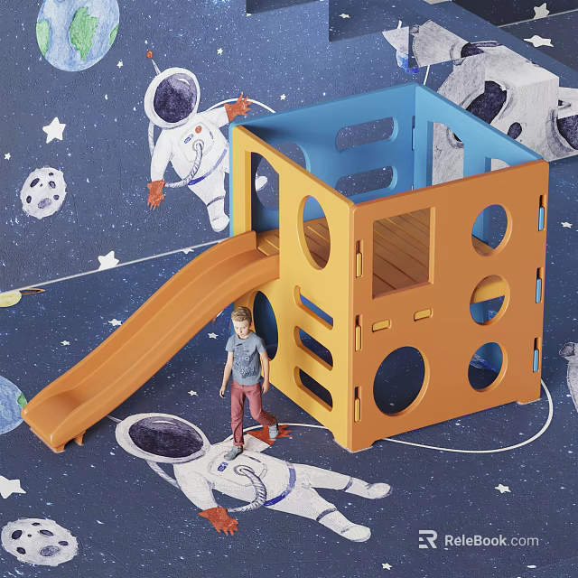 Space Themed Orange Play Structure With Slide And Circular Holes For Kids 3d model 