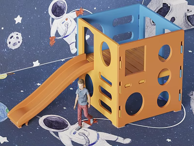 Space Themed Orange Play Structure With Slide And Circular Holes For Kids 3d model