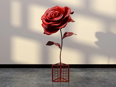 Floral Art Installation Red Rose on Red Grid Stand with Light Shadow on Beige Wall 3d model