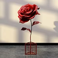 Floral Art Installation Red Rose on Red Grid Stand with Light Shadow on Beige Wall