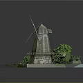 Detailed 3D Windmill Model With Stone Base Surrounding Green Plants And Path
