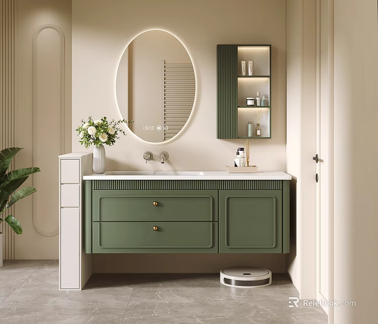 Modern Bathroom Vanity With Green Cabinet Round Mirror White Countertop And Flower Vase 3d model 