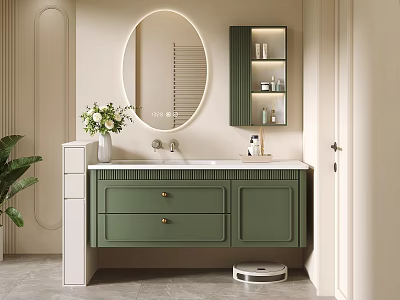 Modern Bathroom Vanity With Green Cabinet Round Mirror White Countertop And Flower Vase 3d model