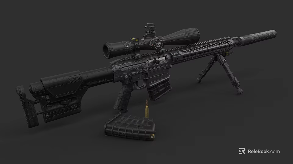 Black Tactical Sniper Rifle With Scope Magazine And Tripod Stand 3d model 