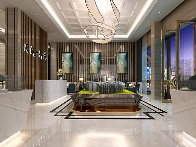 Modern Property Sales Office Interior Design With Elegant Reception Desk Luxury Sofa Area And Chandelier 3d model
