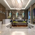 Modern Property Sales Office Interior Design With Elegant Reception Desk Luxury Sofa Area And Chandelier