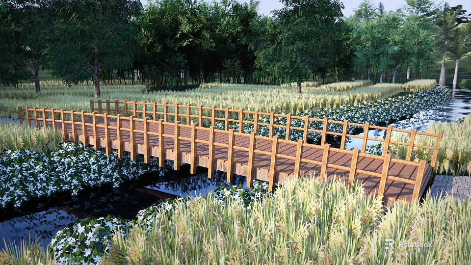 Scenic Wooden Landscape Bridge Over Reed Fields With White Flowers And Green Trees 3d model 