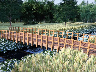 Scenic Wooden Landscape Bridge Over Reed Fields With White Flowers And Green Trees 3d model