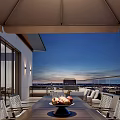 Elegant Rooftop Garden With Covered Area String Lights Sofa Blue Cushions Round Table City View