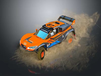 Orange Off Road Race Car Driving On Sand Kicking Up Dust With Large Tires 3d model