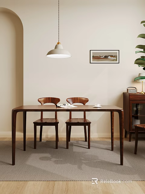 Modern Dining Area With Wooden Table And Chairs Pendant Light Framed Art And Green Plant 3d model 