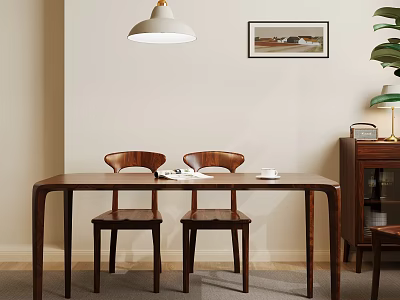 Modern Dining Area With Wooden Table And Chairs Pendant Light Framed Art And Green Plant 3d model