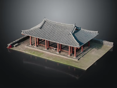 Traditional East Asian Architecture With Tiled Roof Red Pillars And Square Platform 3d model