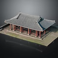 Traditional East Asian Architecture With Tiled Roof Red Pillars And Square Platform