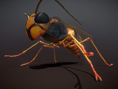Detailed Wasp Insect With Compound Eyes Antennae And Yellow Black Stripes On Dark Background 3d model