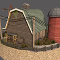 Traditional Farm Barn With Red Silo Windmill And Hay Bales Tractor