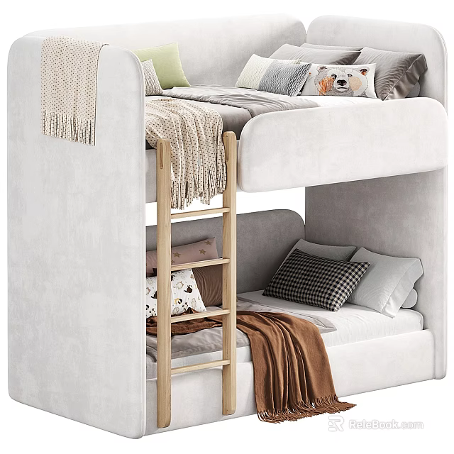 Cozy Light Colored Bunk Bed With Wooden Ladder Plush Pillows And Soft Blankets 3d model 
