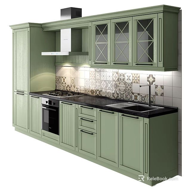 Light Green Kitchen Cabinets With Glass Fronts Black Countertop Stove And Sink 3d model 