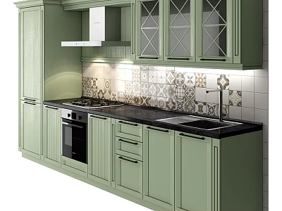 Light Green Kitchen Cabinets With Glass Fronts Black Countertop Stove And Sink 3d model