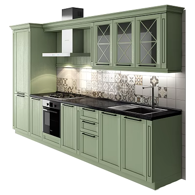 Light Green Kitchen Cabinets With Glass Fronts Black Countertop Stove And Sink 3d model