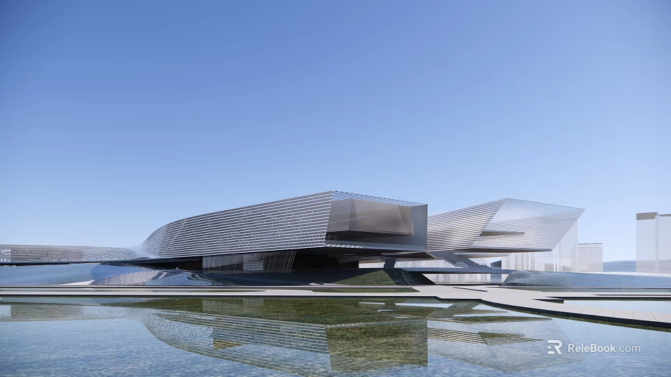Modern Streamlined Museum Building With Glass Curtain Wall And Water Pool Reflection 3d model 