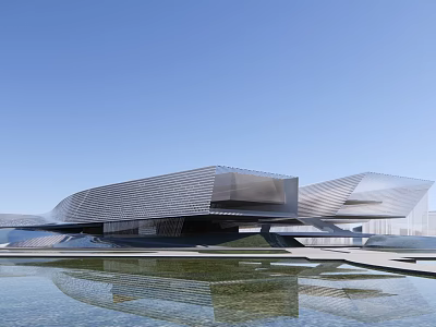 Modern Streamlined Museum Building With Glass Curtain Wall And Water Pool Reflection 3d model