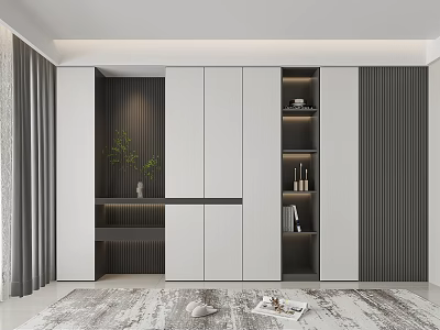 Modern Decorative Cabinet With White Panels Dark Open Shelves And Decorative Items 3d model