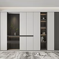 Modern Decorative Cabinet With White Panels Dark Open Shelves And Decorative Items