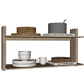 Decorative Ornament Set With Wooden Shelf Stacked Wooden Plates Silver Canisters White Cups And Books