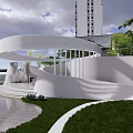 Modern Entrance Gate with Curved Pathway Lush Greenery and Lawn Landscaping