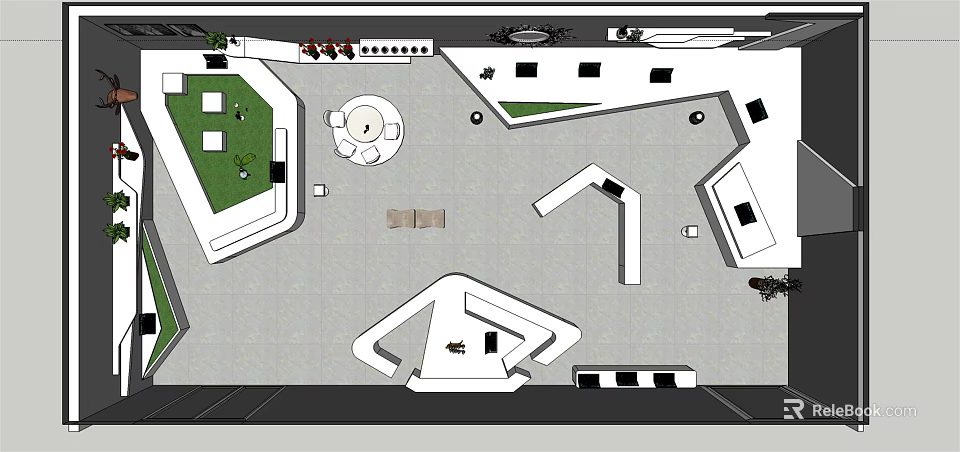 Indoor Floor Plan Layout With Green Area Seating And White Structures 3d model