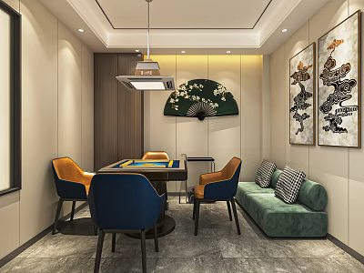 Hotel Mahjong Room Modern Interior With Mahjong Table Colorful Chairs And Green Sofa 3d model