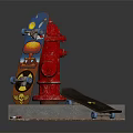Colorful and Dark Skateboards Near Red Fire Hydrant on Brick Paved Stone Platform