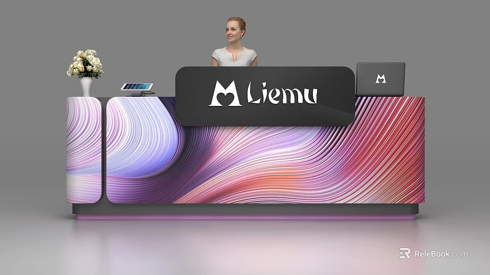 Liemu Brand Reception Desk With Colorful Wave Pattern White Flower Vase And Tablet Device 3d model 
