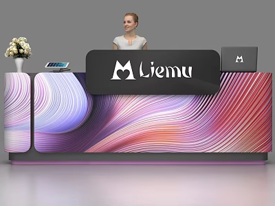 Liemu Brand Reception Desk With Colorful Wave Pattern White Flower Vase And Tablet Device 3d model