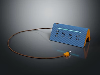 Modern Blue Stripe Texture Switch Panel with Switches Brown Cable Yellow Plug 3d model