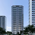 Modern High Rise Residential Building With Glass Windows Floor Lights And Trees