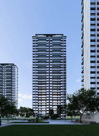 Modern High Rise Residential Building With Glass Windows Floor Lights And Trees 3d model