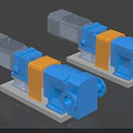 Industrial Blue And Yellow Pumps With Silver Motors On Gray Bases