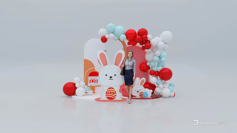 Vibrant Easter Bunny Display With Red White Blue Balloons Easter Egg And Woman 3d model 