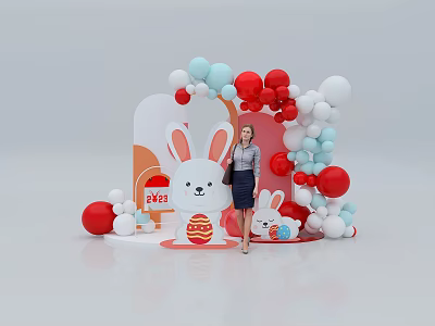 Vibrant Easter Bunny Display With Red White Blue Balloons Easter Egg And Woman 3d model