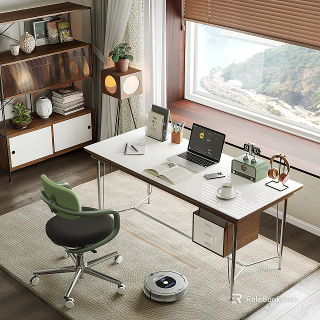 Modern Home Office Desk Chair Set With Laptop Open Book Coffee Cup And Window View 3d model 