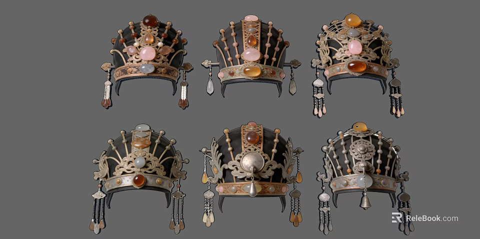 Ornate Traditional Hairpiece Hanging Ornaments With Gemstones Tassels And Intricate Metalwork 3d model 